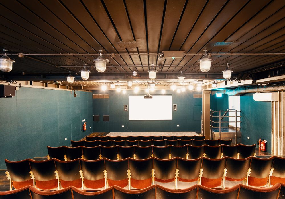 Empty theatre auditorium featuring rows of seats.